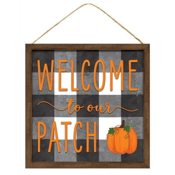 Welcome to our Patch Sign - 10" x 10", Wooden Sign, Buffalo Plaid, Pumpkin, Halloween, Front Door, Fall, Wreath, Home, Garden, Pumpkin Patch, Kitchen, Autumn, Thanksgiving