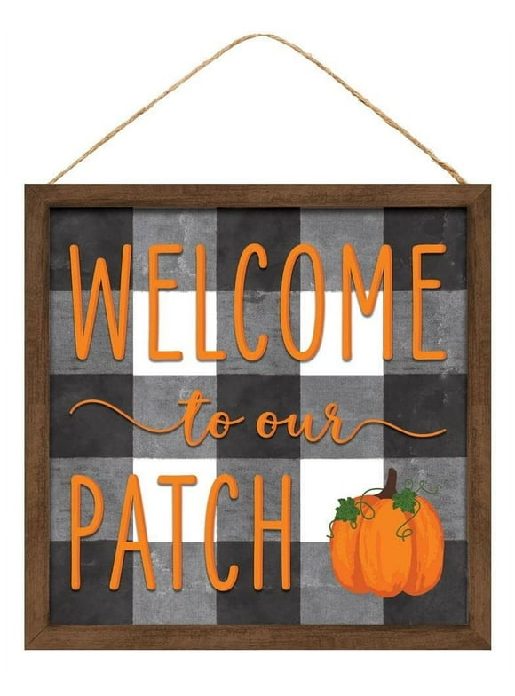 Welcome to our Patch Sign - 10" x 10", Wooden Sign, Buffalo Plaid, Pumpkin, Halloween, Front Door, Fall, Wreath, Home, Garden, Pumpkin Patch, Kitchen, Autumn, Thanksgiving