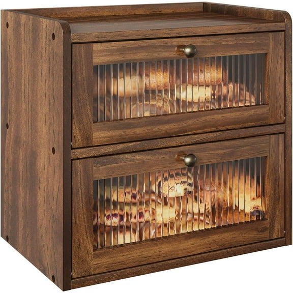 Double Layer Large Bread Box for Kitchen Counter, Wooden Corner Bread Storage Container with Acrylic Window, Retro Brown