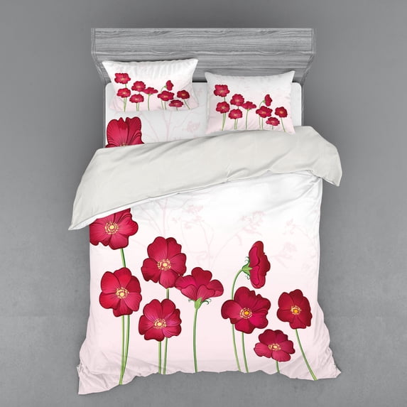Floral Duvet Cover Set, Illustration of Botanical Wild Flowers Artwork, Bedding Set with Shams and Fitted Sheet, 3 Sizes, by Ambesonne