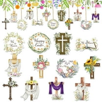 TOPRenddon Easter Tree Decorations Religious He is Risen Tree Ornaments 12Pcs Happy Easter Christian Lily Cross Thorny Wooden Tree Hanging Ornaments for Indoor Home Mantle Fireplace Party Supplies