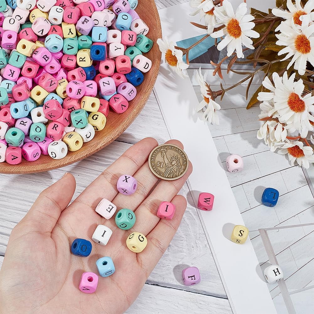 Wood Printed Beads Horizontal Hole Dyed Cube with Initial Letter Mixed Color 10x10x10mm Hole: 3~4mm 1060pcs/500g