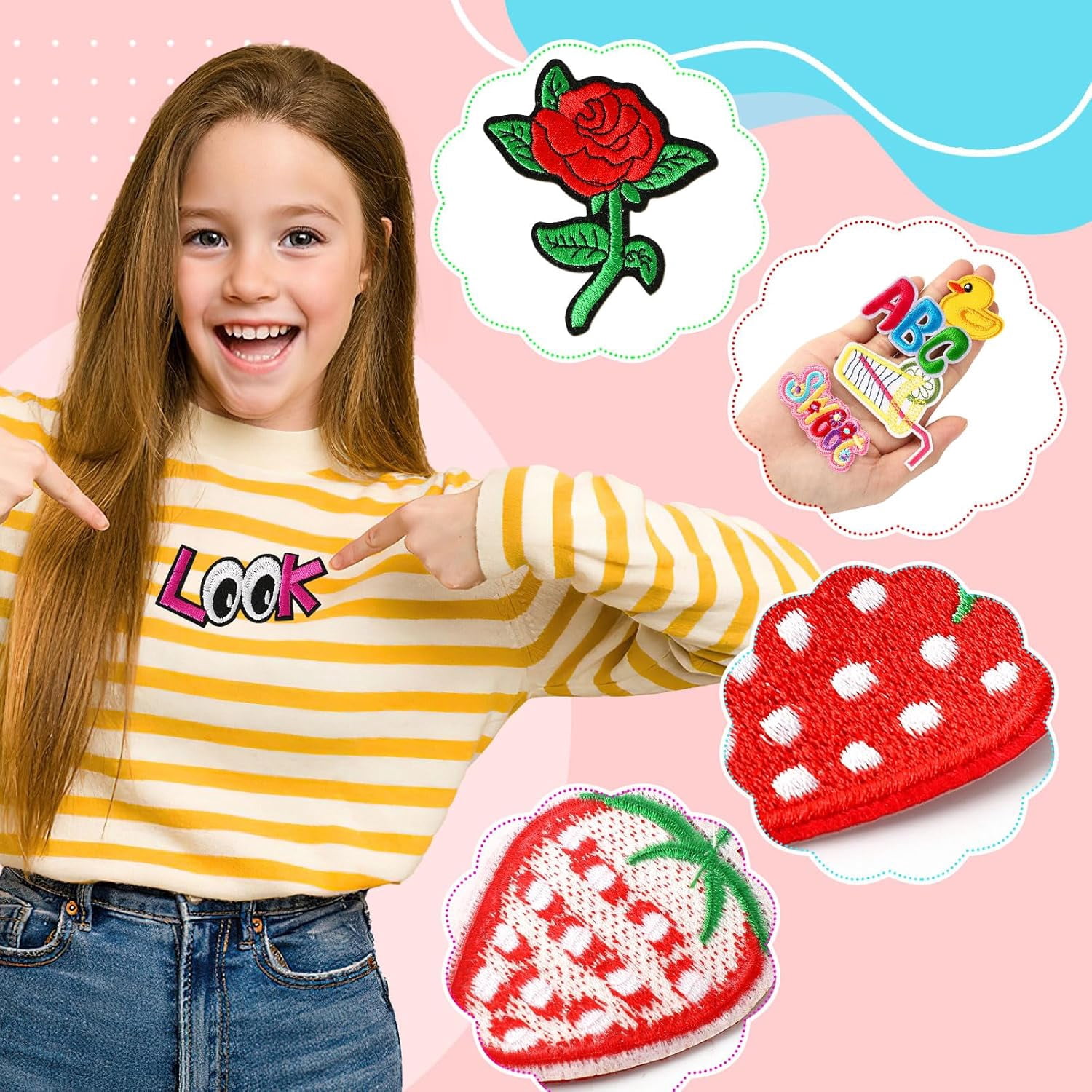 AllWays Plaza 60pcs Cartoon Embroidered Patches Random Assorted Styles Cute Theme Iron on Patches DIY Sew Applique Repair Patch Cute Preppy Sew on Patches for Backpacks Pants Clothes Jeans