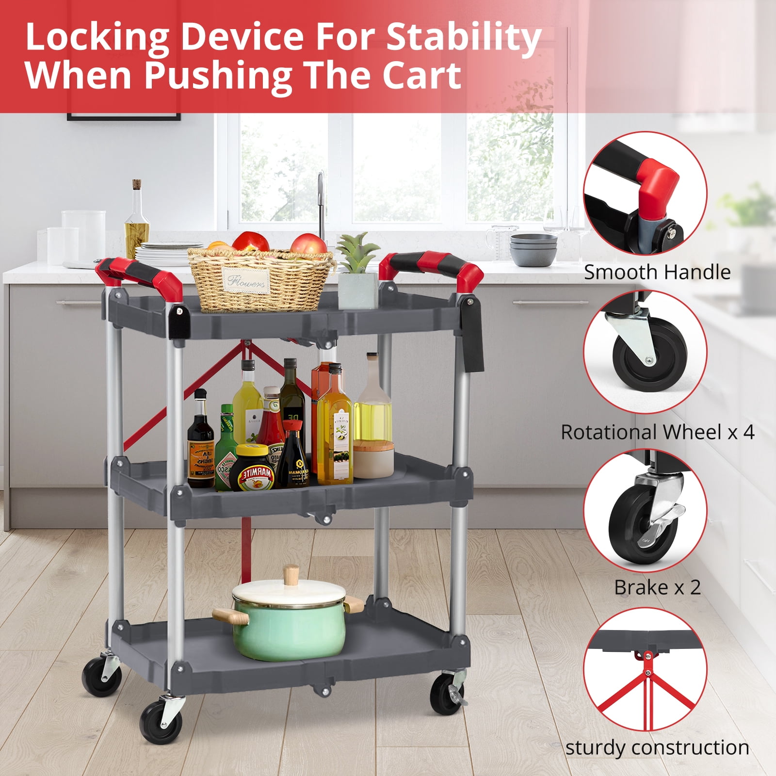3-Tier Folding Collapsible Service Cart with Wheels, 167 Lbs Loading Capacity, Foldable Rolling Utility Cart for Garage, Warehouse, Home, Restaurant, Office, Grey & Red