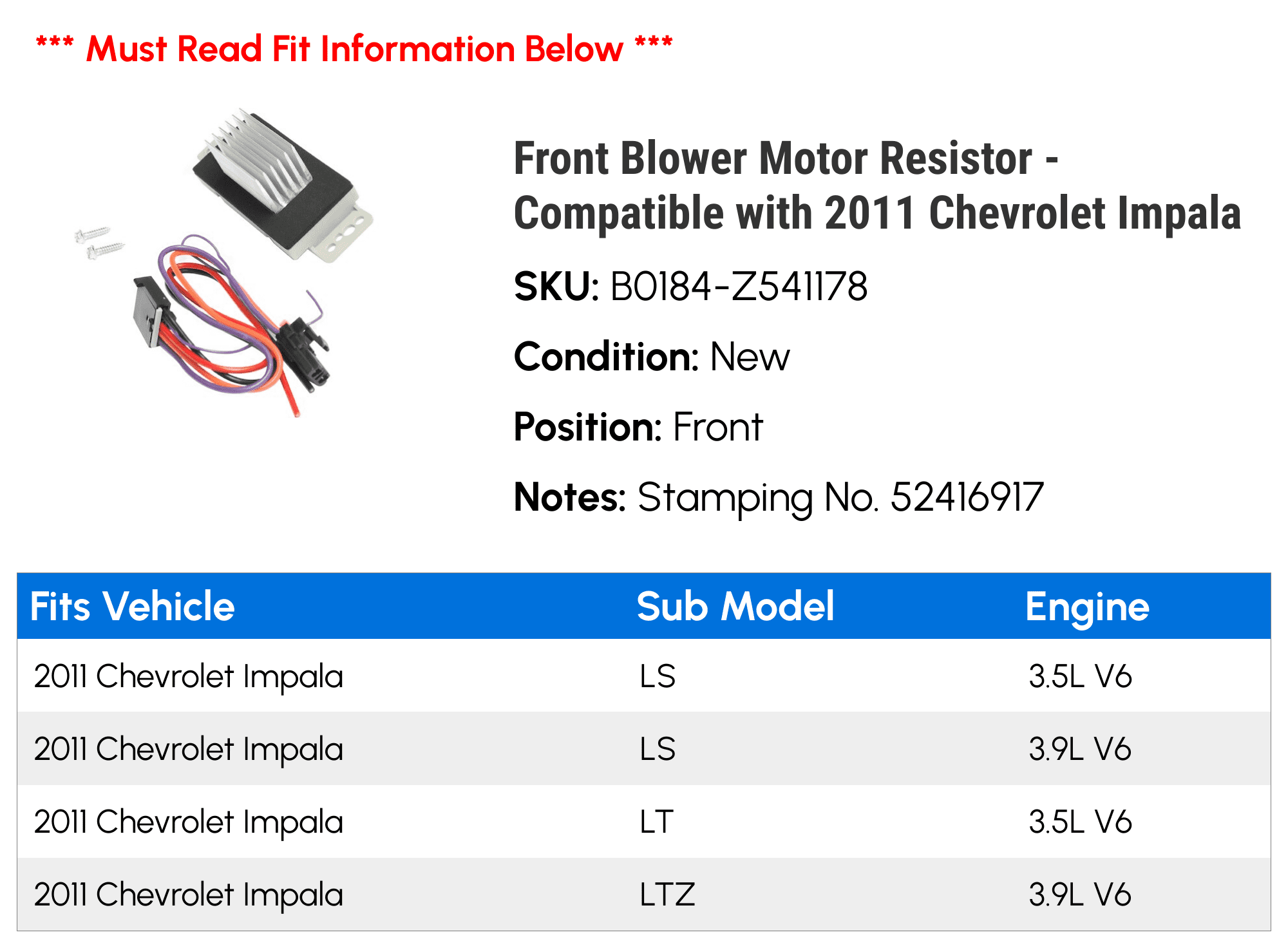 Front Blower Motor Resistor - Compatible with 2011 Chevy Impala