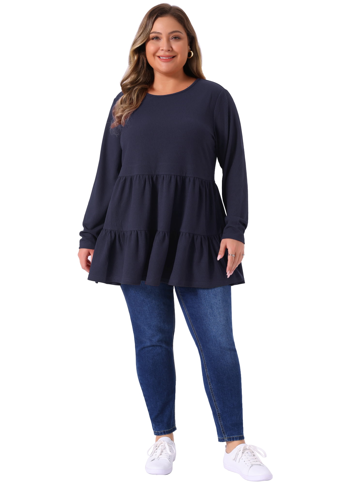 DARING DIVA Women's Plus Babydoll Crew Neck Casual Loose Peplum Tops 3X Navy Blue