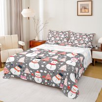 Manfei Cute Xmas Snowmen Bed Sheets,Merry Christmas Tree King Sheets,White Gray Red Sheet Set For Children,Luxury Bedroom Decor,4pcs