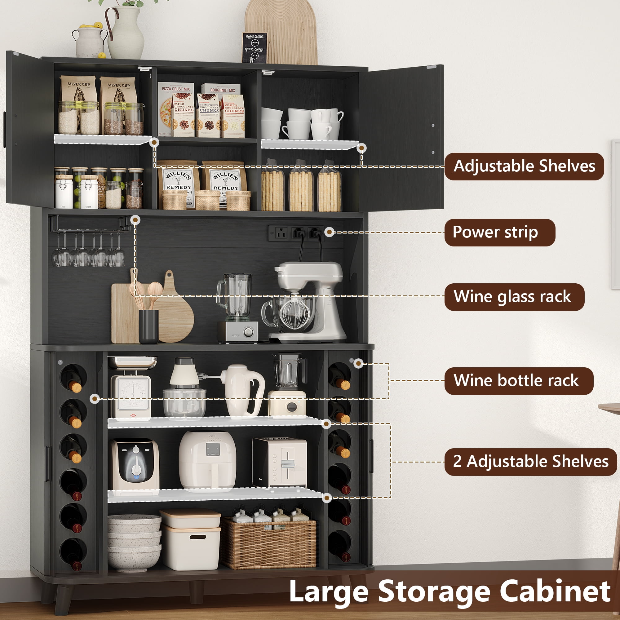 Laintene 39" W Kitchen Pantry Cabinet with Sliding Doors, Tall Storage Cabinet with Charging Station & Adjustable Shelves, Modern Bar Cabinet with Wine Rack for Dining Living Room, Black