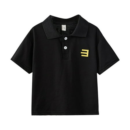 Rggeeun Baby Boys T-Shirts Solid Color Short Sleeve Knitted Lapel Collar For Kids Breathable And Soft Relaxed Fit Tops Black 6-7 Years