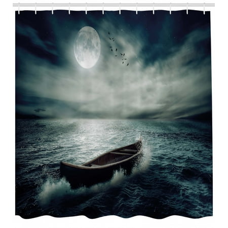Fishing Shower Curtain Boat Drifting In Ocean Full Moon Dramatic