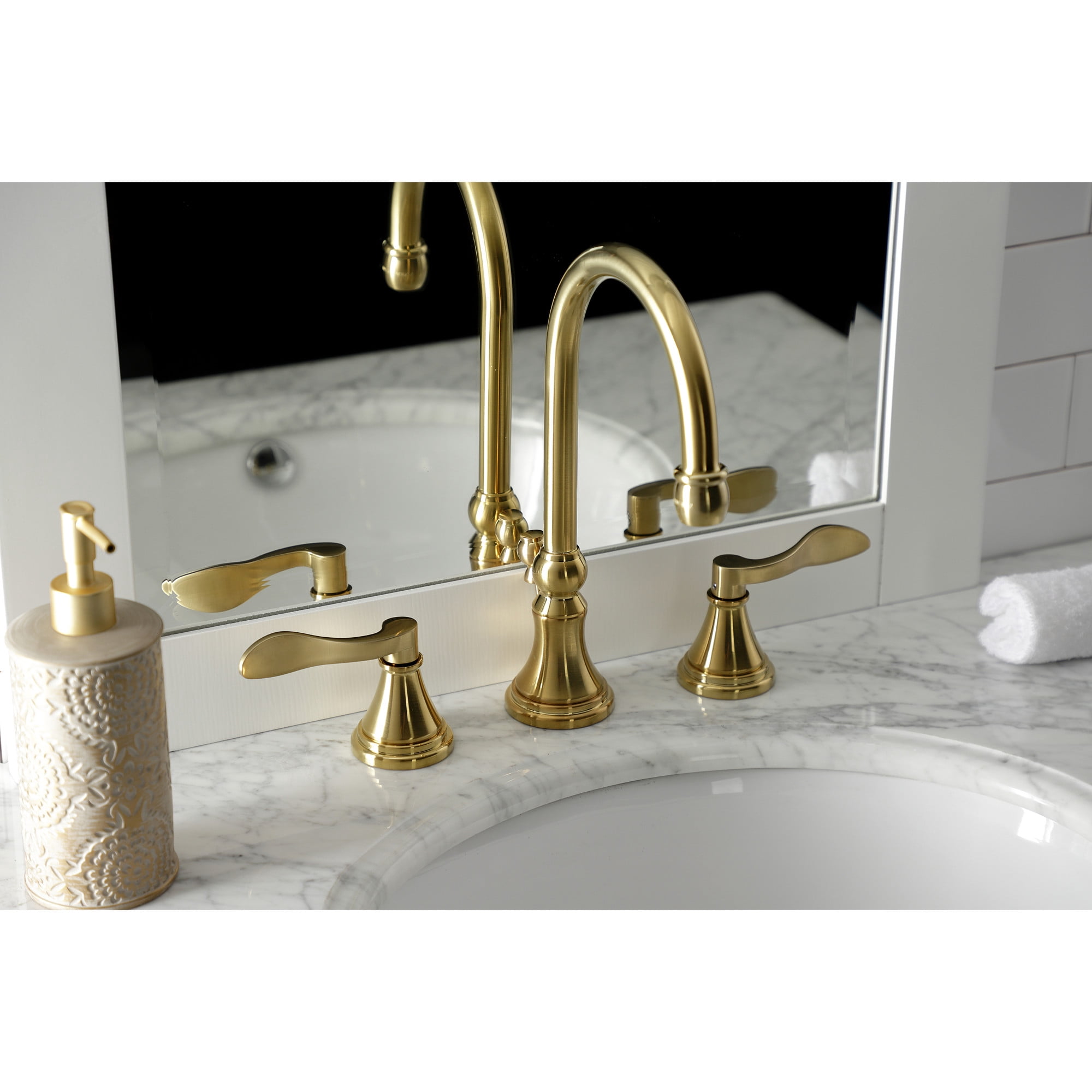 Kingston Brass KS2987DFL NuFrench Widespread Bathroom Faucet with Brass Pop-Up, Brushed Brass
