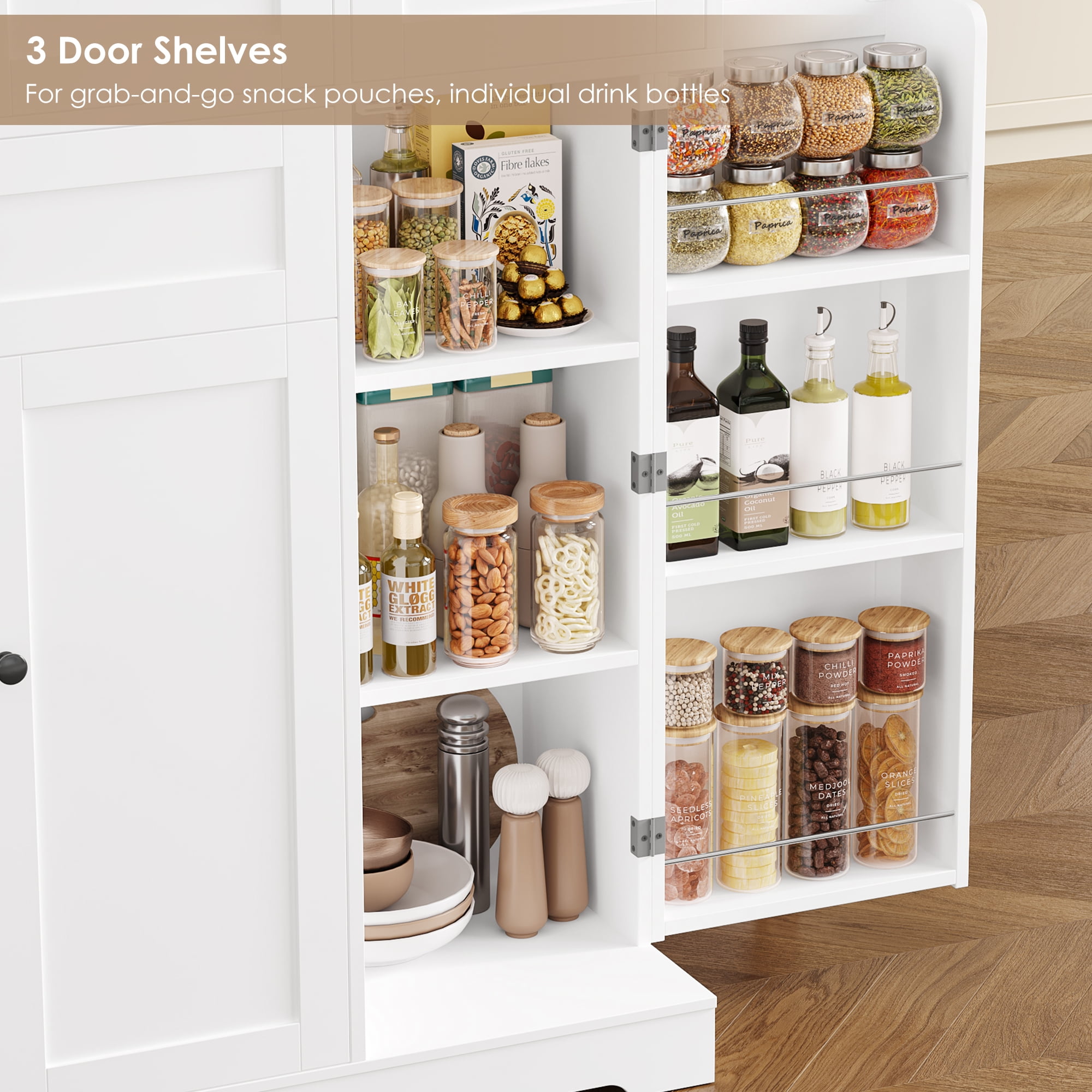 Homfa Kitchen Pantry Storage Cabinet, 68" Food Pantry Cabinet with Drawer and Door Shelf, 6 Door Freestanding Cupboard Buffet for Dining Room, White