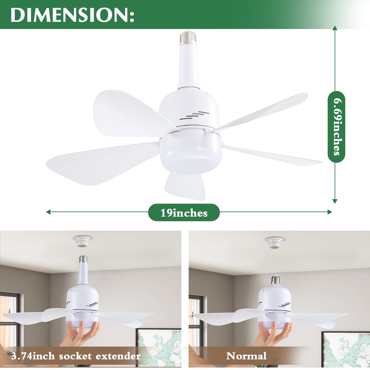 JOPESO Socket Fan Light with Remote, 19in Ceiling Fans with Lights with 3 Speeds and 3 Colors E27 Base, Dimmable LED Socket Fan for All Locations