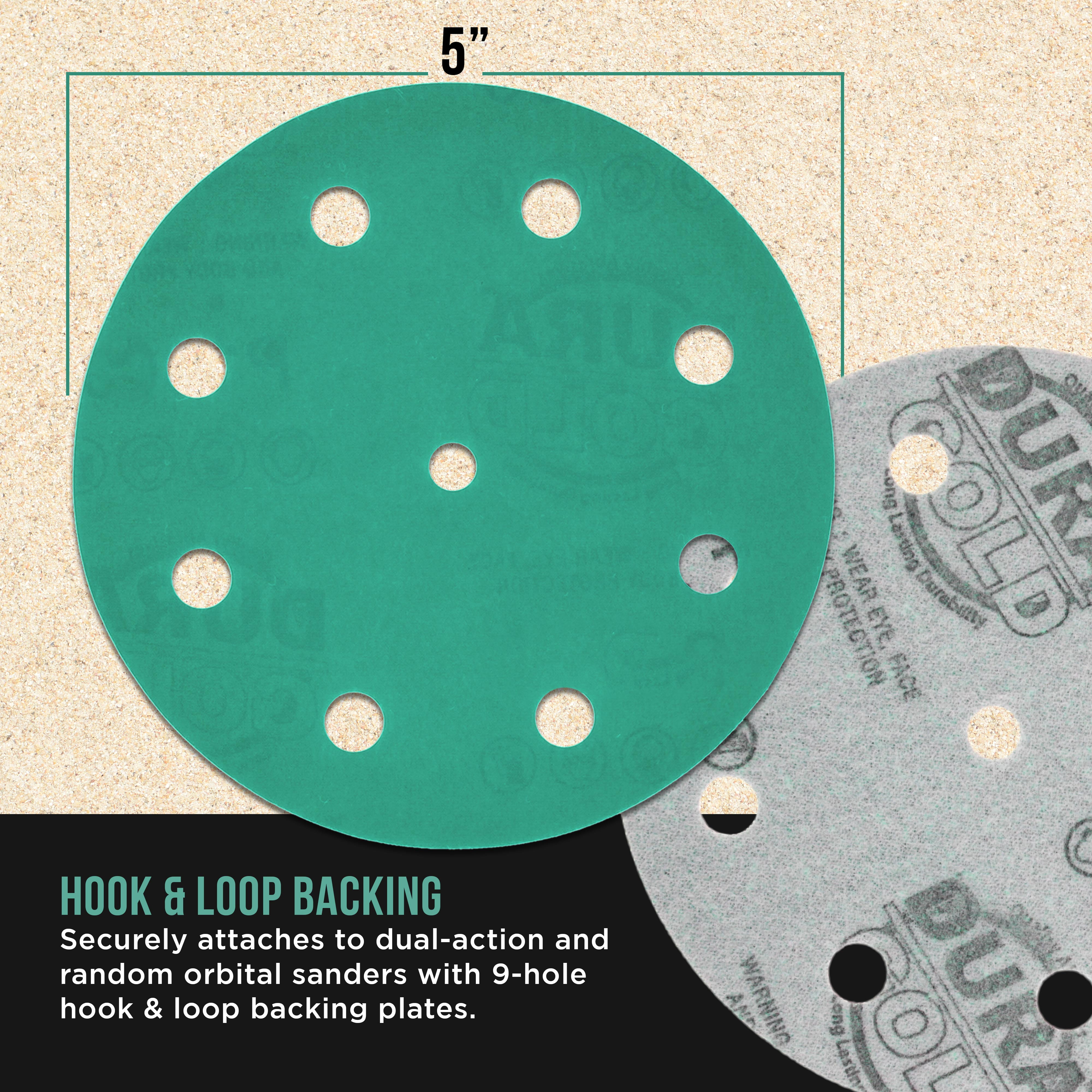 Dura-Gold Premium 2000 Grit 5" Green Film Sanding Discs, 9-Hole Pattern, Box of 50 - Heavy-Duty Dustless Hook & Loop Backing Sandpaper for DA & Random Orbital Sander, Detail Color Sand Auto Paint Wood