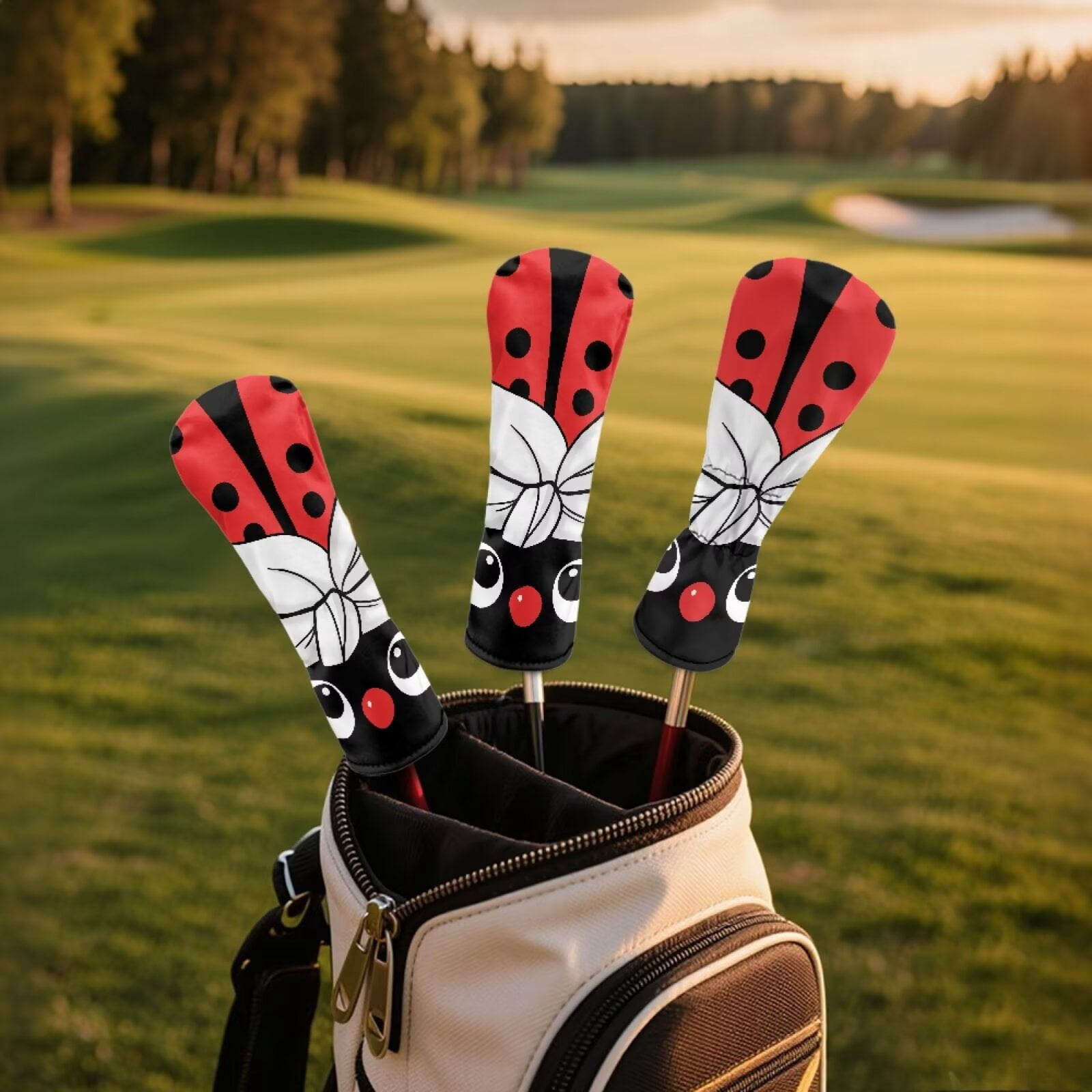 Uorisanigo Cute Ladybug Golf Club Head Covers, Driver, Fairway #3#5, Hybrid Headgear, Premium Waterproof PU Leather Golf Headcover Accessories for Women Men, Set of 3