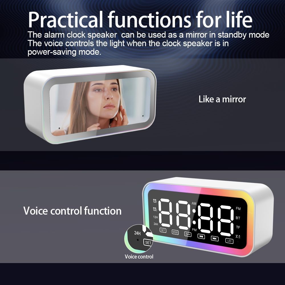 Big Digital Dual Alarm Clock, Bluetooth Speaker with HIFI Stereo, Compact Clock for Bedroom, Colorful LED Lights, USB Charger, LED Display Digital Alarm Clock for Teens Girls Boys (White)