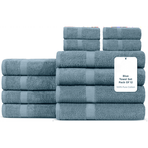 100% Cotton Bath Towel Set of 12-4 Bath Towels, 4 Hand Towels, 4 Wash Cloths, Sustainable, Soft, Highly Absorbent, Combed Cotton 12 Piece Set for Hotels, Spa, Bathroom, Dorm, Blue