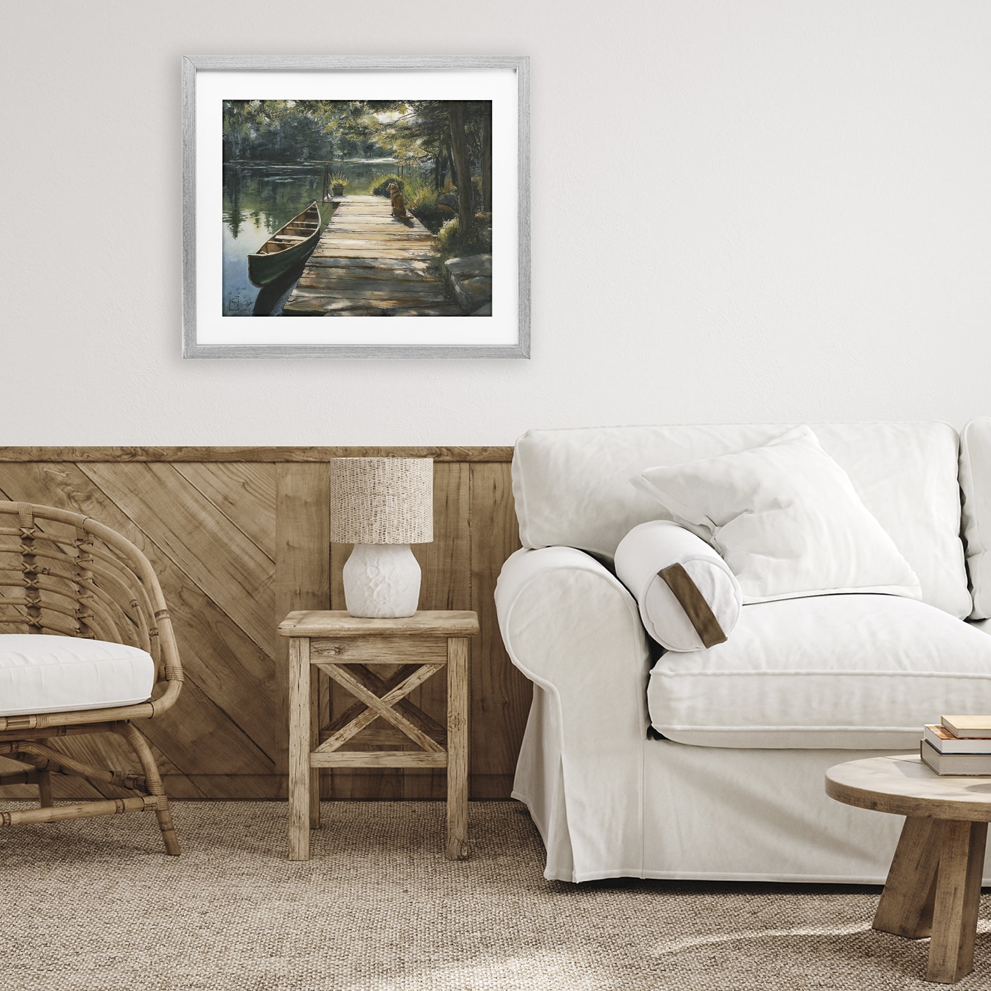 Lake Life Dog on Dock Gray Framed Print Under Glass, design by Sara Culpepper
