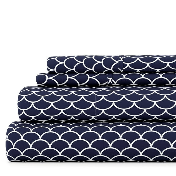 Noble Linens 4 Piece Pattern Microfiber Bed Sheets Set, Navy Scallops, California King