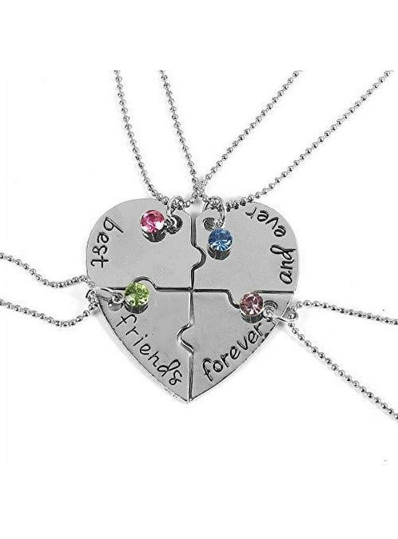 Sexy Sparkles 4 Pcs Best Friends Forever and Ever Necklace - Engraved Puzzle Friendship 4 Pieces Pendant Necklace Set, Zinc Metal Alloy & Rhinestones - Approx 52cm