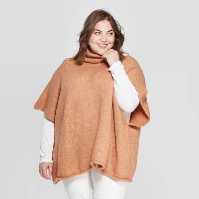 Universal Thread Womens Plus Chunky Turtleneck Sweater Rolled Edge Poncho, Rusty Orange, OSFM, Women's, Size: One Size