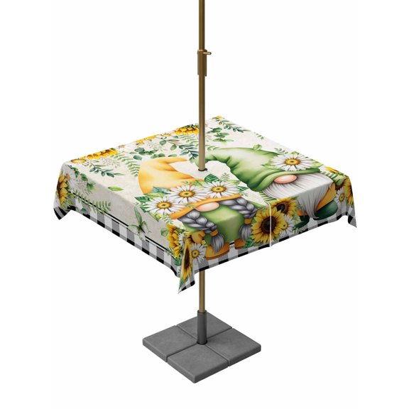 Outdoor Tablecloth with Umbrella Hole for Patio/Picnic/Party/Camping, Sunflower Gnomes Waterproof Table Cloth Square Cover Washable, Spring Farmhouse Vintage Daisy Leaf Plaid (60"x 60")
