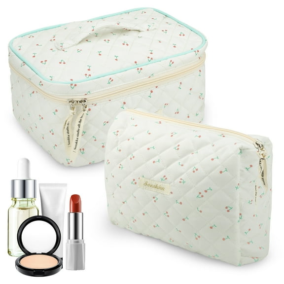 TSV 2pcs Quilted Makeup Bags, Cotton Large Travel Makeup Bag, Cute Make up Bag Cosmetic Bag Toiletry Bag for Women