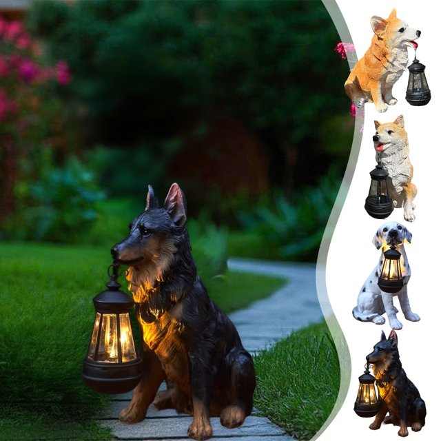 Adornos De Resina Lámpara colgante solar para perro, adorno de resina para jardín al aire libre con luz LED nocturna de 30 cm Yulucky