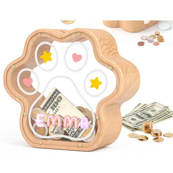 Paw Print Piggy Bank, Natural Wooden Coin Bank with Stickers Personalized Gift