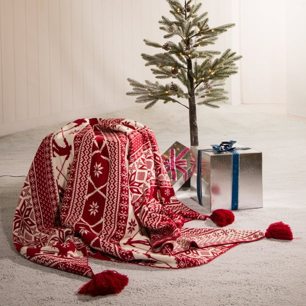 Glitzhome 60"L Knitted Christmas Throw Blanket with Tassels Red