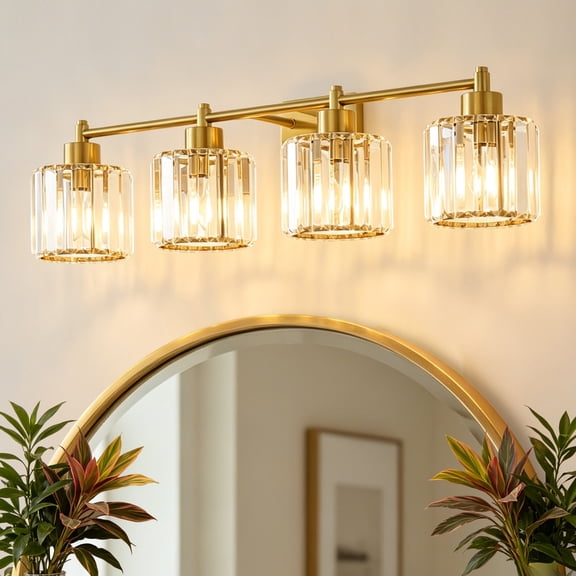 Deyidn Modern 4-Light Bathroom Vanity Light with Crystal Shades, 31 Inch Gold Dimmable Light Fixture for Mirror