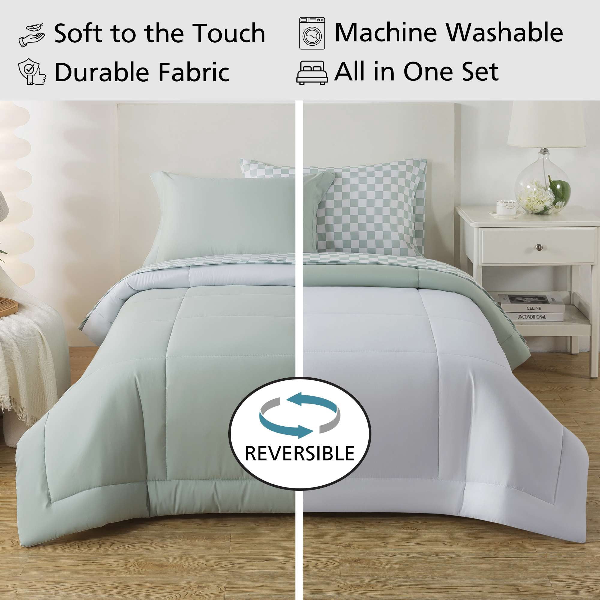 Mainstays Reversible Comforter and Sheet Set, 5-Piece Bed-in-a-Bag, Twin, Sage