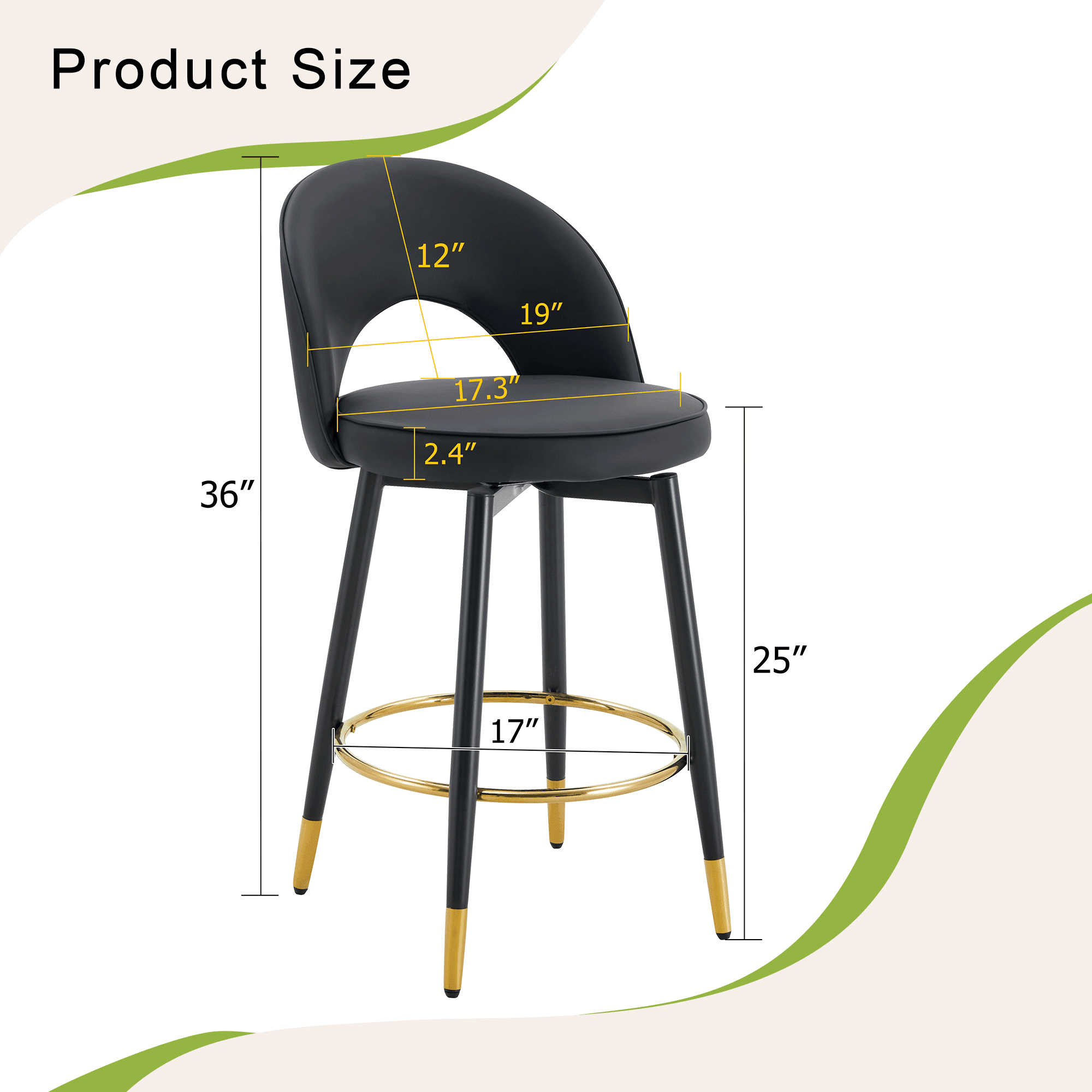 Noble House 360° Rotatable PU Bar Stool Set of 2,Comfortable Cushioned Seat,Black