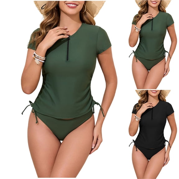Vetsdori Tankini Swim Suits for Women Two Piece Summer Bathing Suits Modest Slim Tummy Control Trajes De Bano Mujer,Long Sleeved Tops and Bottoms Ladies Swimwear Solid Color