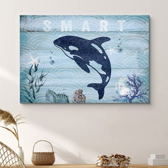 PixonSign Canvas Print Wall Art Smart Whale Print with Starfish Amphibians Ocean Illustrations Modern Art Nautical Colorful Blue Ultra for Living Room, Bedroom, Office - 12"x18"