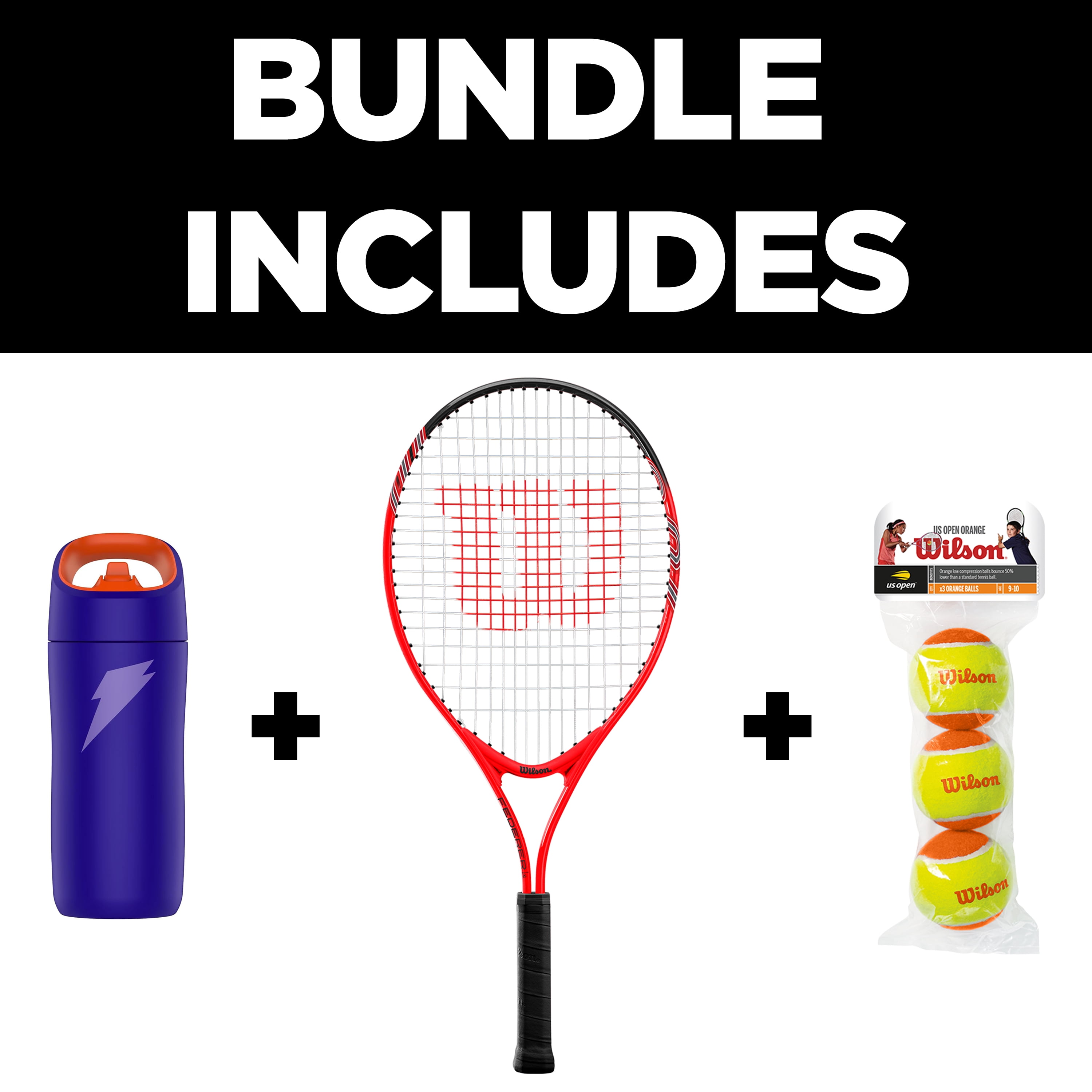 Wilson x Gatorade Junior Tennis Kit - Includes Wilson Roger Federer 23 Tennis Racket, Starter Tennis Balls, and Gatorade Rookie Purple Water Bottle