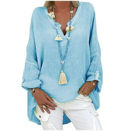 AOOCHASLIY Womens Blouses Short Sleeve Plus Size Women Casual Long Sleeve Solid Loose V-neck Shirt Blouse Top