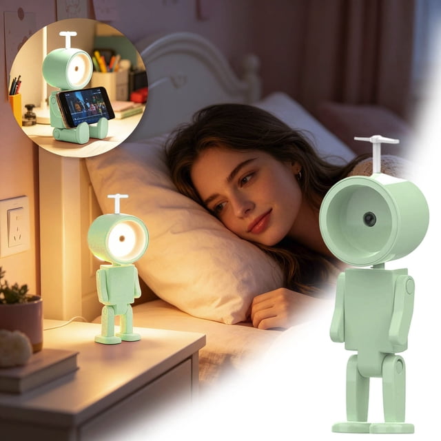 Tong Robot Night Light LED Desk Lamp With Batteries Cute Movable Figure Phone Stand Bedside & Reading Book Light Decorative Lighting
