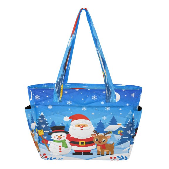 Quilted Tote Bag Large Capacity Multi-Compartment Handbag Santa Claus Snowman Reindeer Lightweight Structured Shoulder Bag Versatile Casual Bag