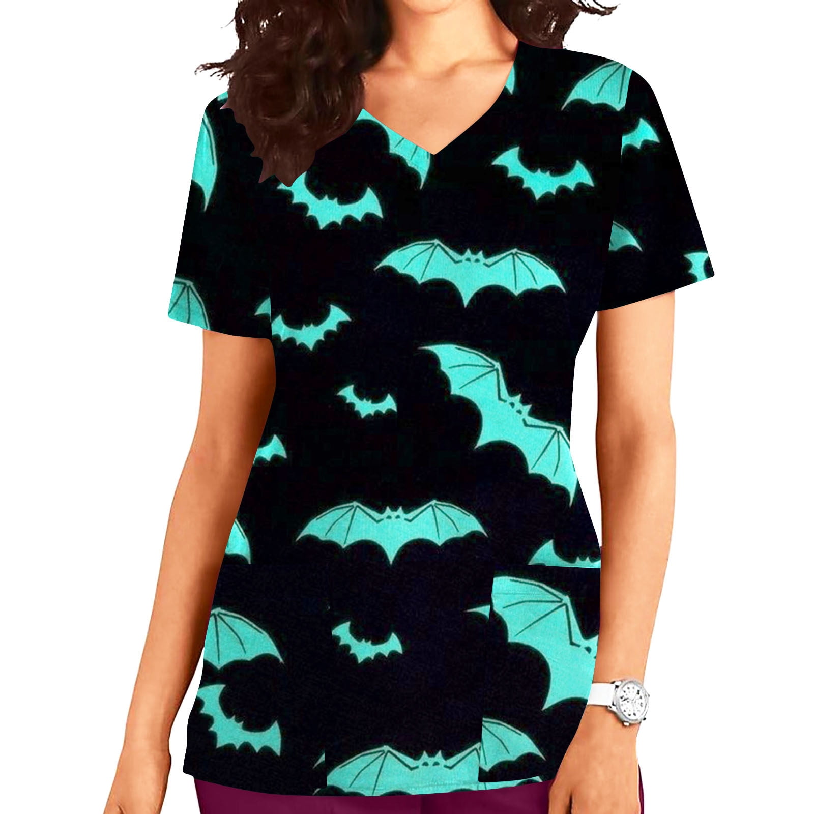 Nmnitkp Scrub Tops Women Halloween Fun Print Scrub Tops Comfortable and Practical V-neck Short Sleeved Pocket Scrub Tops Women Stretchy Scrub Tops