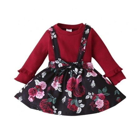 

Xinhuaya Baby Girl Fall Clothes Ruffle Long Sleeve Tops Floral Skirts 2Pcs Suspender Skirt Outfit Dresses 12-18 Months