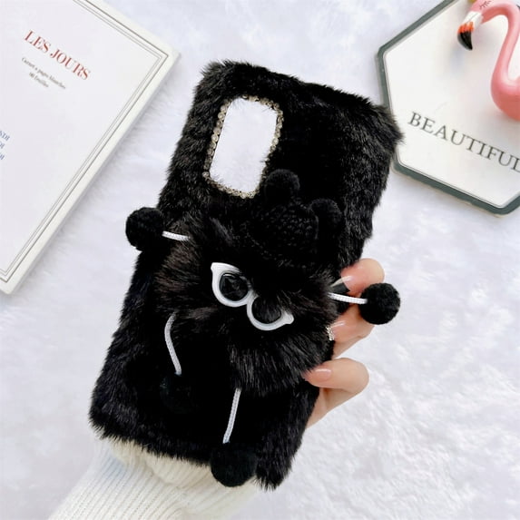 SaniMore for Samsung Gaxaly A33 5G 6.4" Warm Cute Plush Briquette Case, Fluffy Furry Back Case for Samsung Gaxaly A33 5G Full Body Protective Case Ladies Women Girls, Black