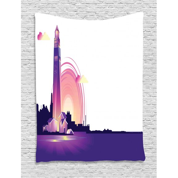 Coastal Tapestry, Lighthouse at Sunset and Silhouette of City on Back, Wall Hanging for Bedroom Living Room Dorm Decor, 60W X 80L Inches, Indigo Pastel Pink Champagne Charcoal Grey, by Ambesonne