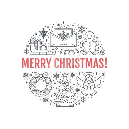 Christmas Icons Vector Christmas New Year Banner Illustration. Vector Line Icon of Winter Holidays Christmas Tree, Gifts, Print Wall Art By Nadiinko ()