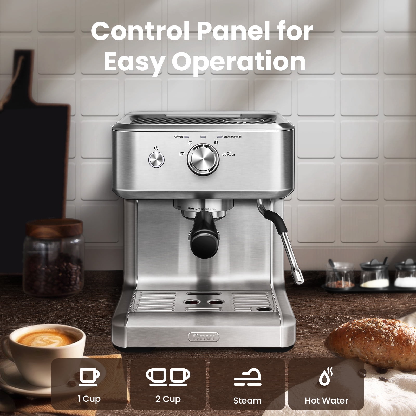 GEVI Espresso Machine Cafe Steam Maker，stainless steel