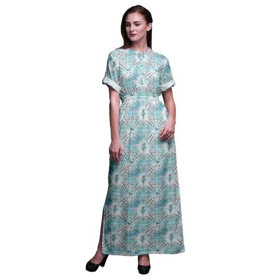 Bimba Rayon European Seeds Leaves Ladies Long Gown Boho Beach Cocktail Party Maxi Slit Dress-XSmall