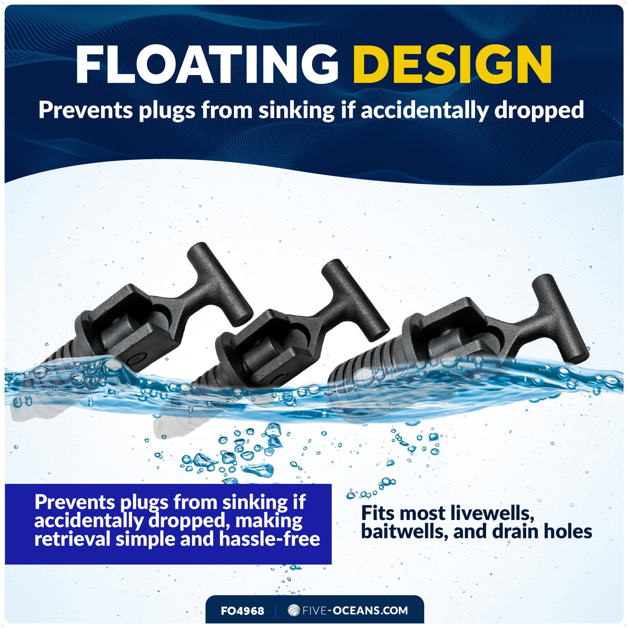 Five Oceans Floating Livewell Drain Plugs – 3-Pack (1/2", 5/8", 3/4") ABS Black Plastic, Twist or Cam-Over Adjustable, Universal Replacement for Boats & Kayaks - FO4968
