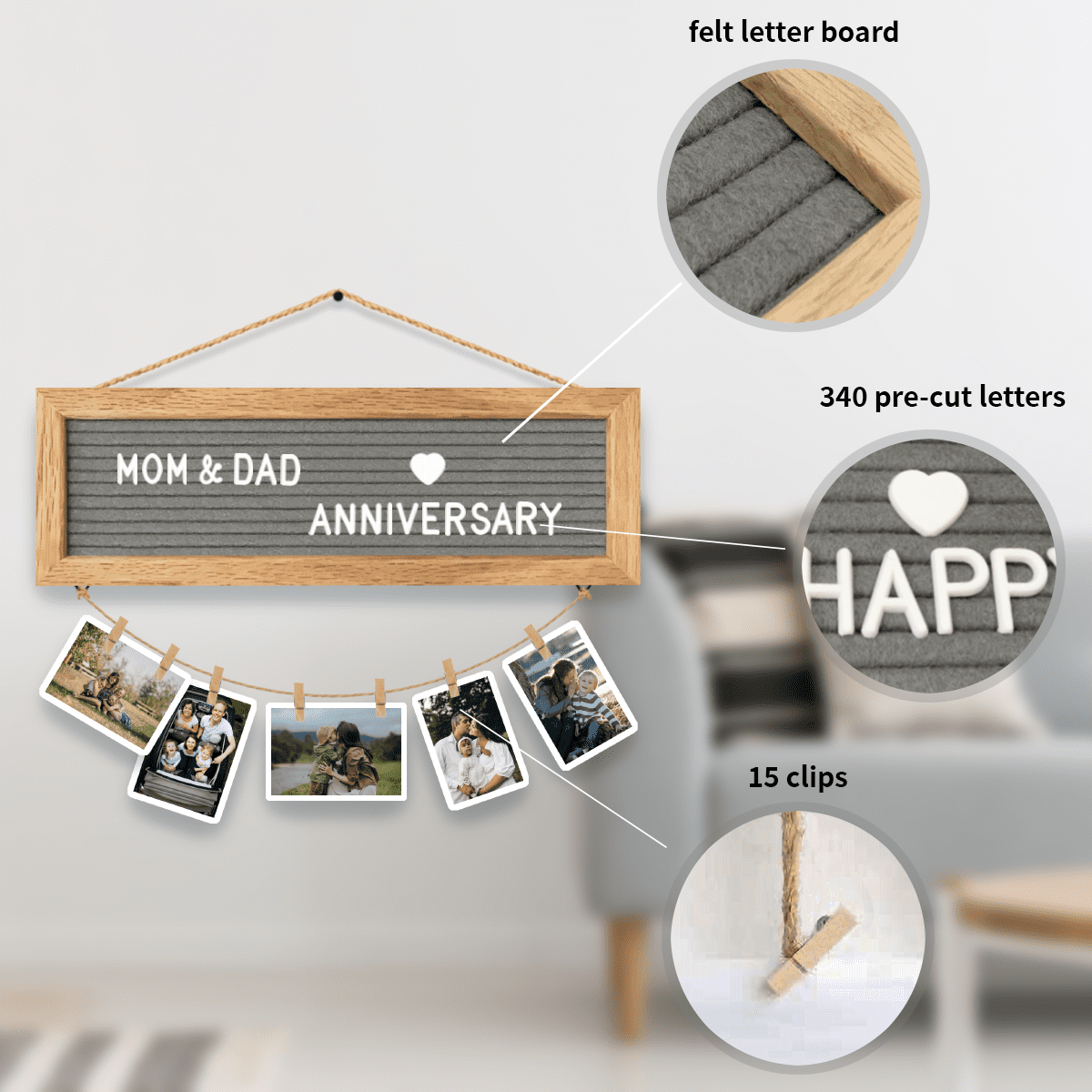 Picture Frames Hanging Display Wooden Board, Felt Letter Board with 340 Letters and 15 Clips, Photo Frames Collage Wall Decor for Family Birthday Christmas Party Gifts
