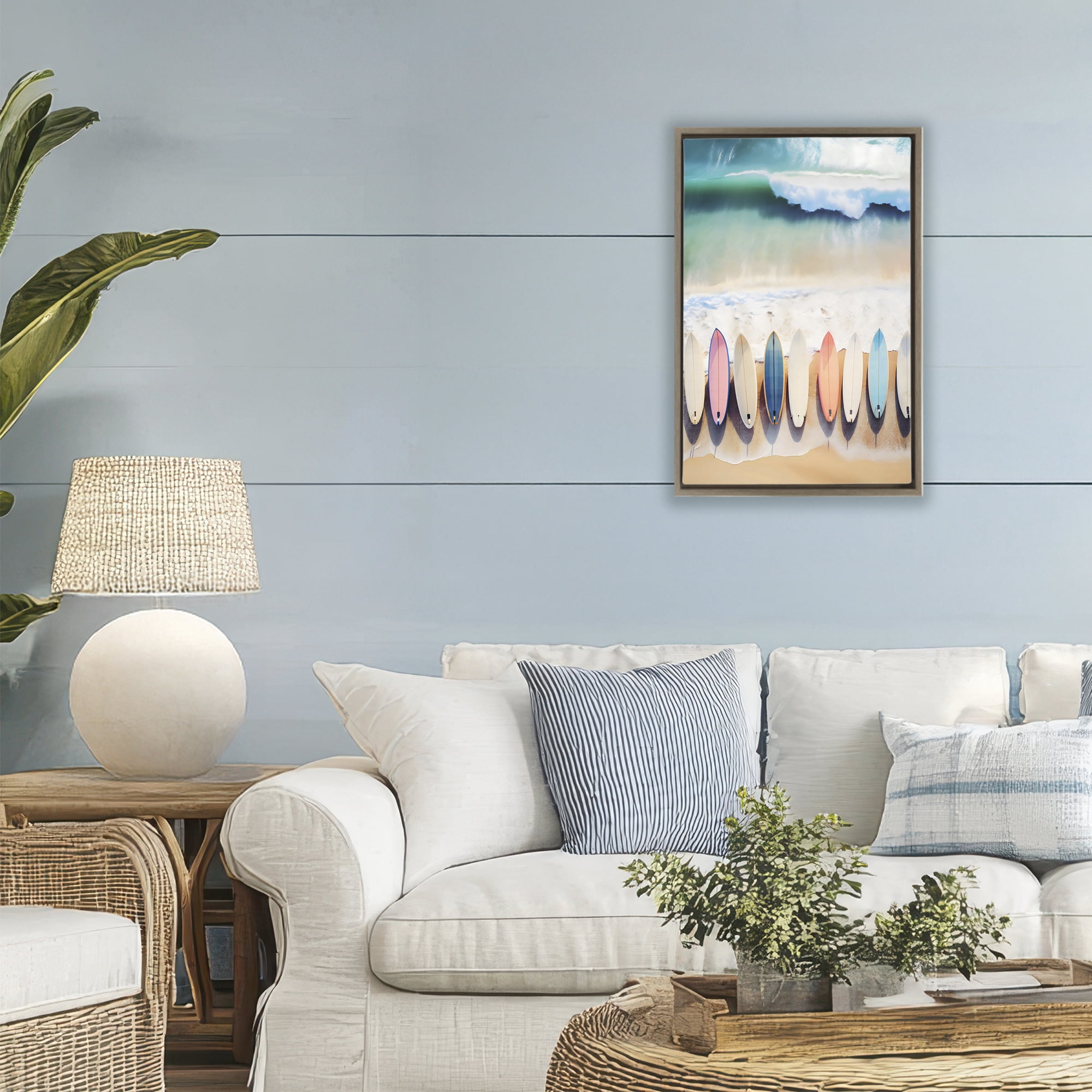 Stupell Industries Aerial View Surfboards Shoreline Brown Framed Floater Canvas Wall Art, design by Creative Studio