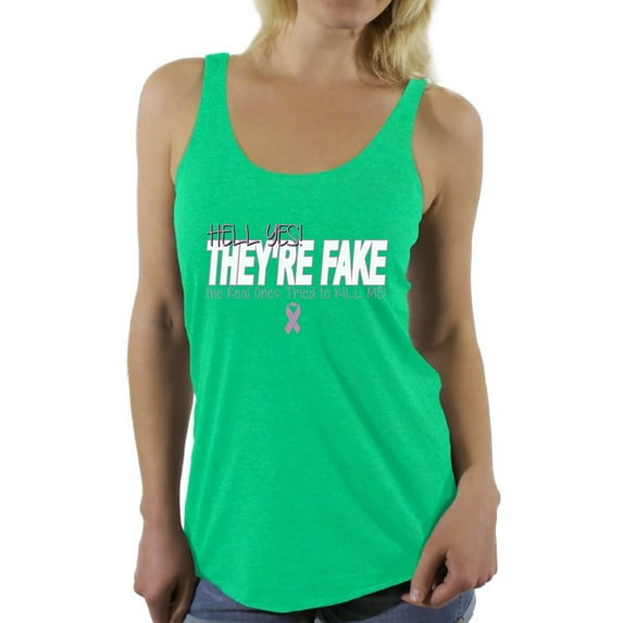 Awkward Styles Women's Hell Yes They're Fake Graphic Racerback Tank Tops Pink Ribbon Breast Cancer Awareness